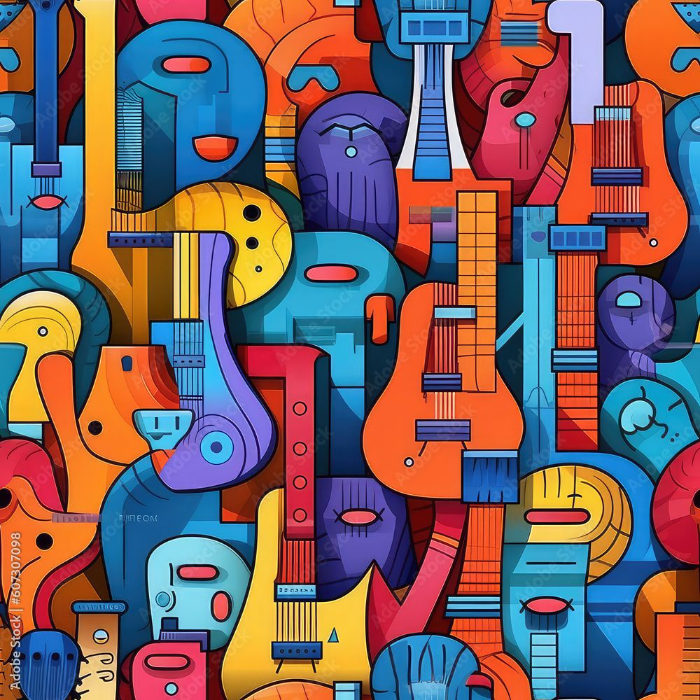 Wall mural guitars musical instruments seamless repeat pattern - fantasy colorful cubism, abstract art, trippy 