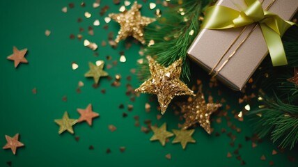 Obraz na płótnie Canvas Christmas gift or present and golden star confetti Generative AI