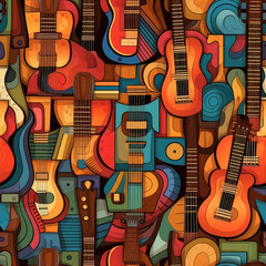 Naklejka na ściany i meble Guitars musical instruments seamless repeat pattern - fantasy colorful cubism, abstract art, trippy psychedelic [Generative AI] 