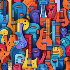 Guitars musical instruments seamless repeat pattern - fantasy colorful cubism, abstract art, trippy psychedelic [Generative AI]

