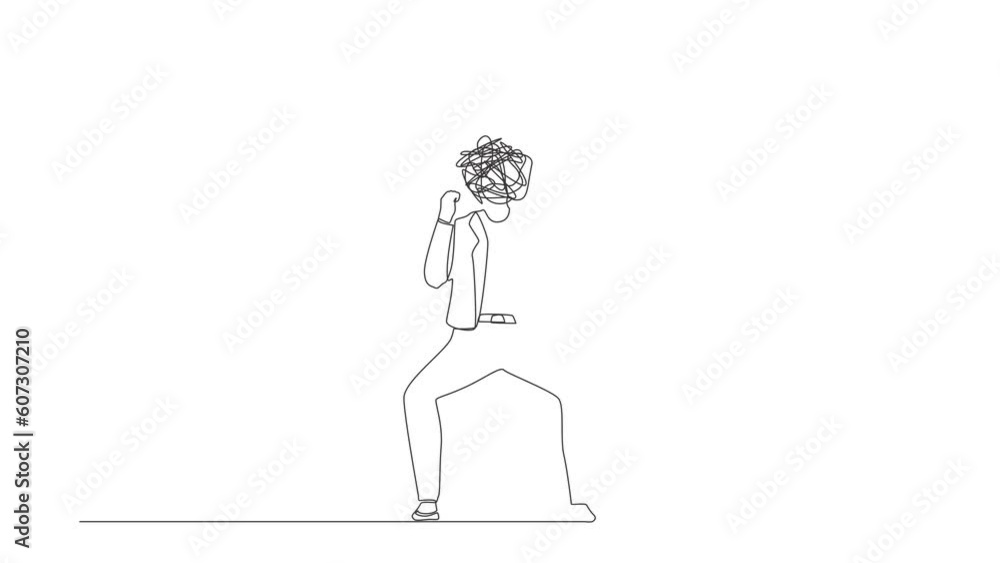 Poster self drawing animation of single line draw businesswoman with round scribbles instead of head. angry
