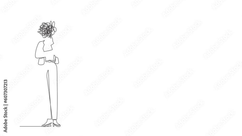 Poster animated self drawing of continuous line draw businesswoman with round scribbles instead of head. ma