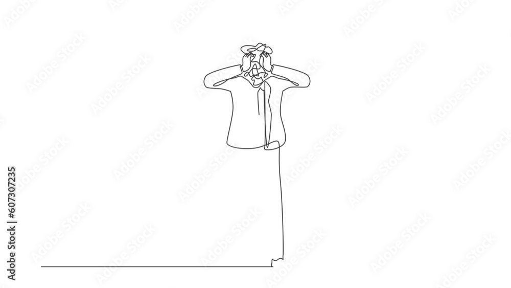 Poster self drawing animation of single one line draw businessman with round scribbles instead of a head. c