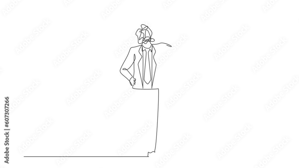 Poster animated self drawing of continuous line draw businessman with round scribbles instead of a head. do