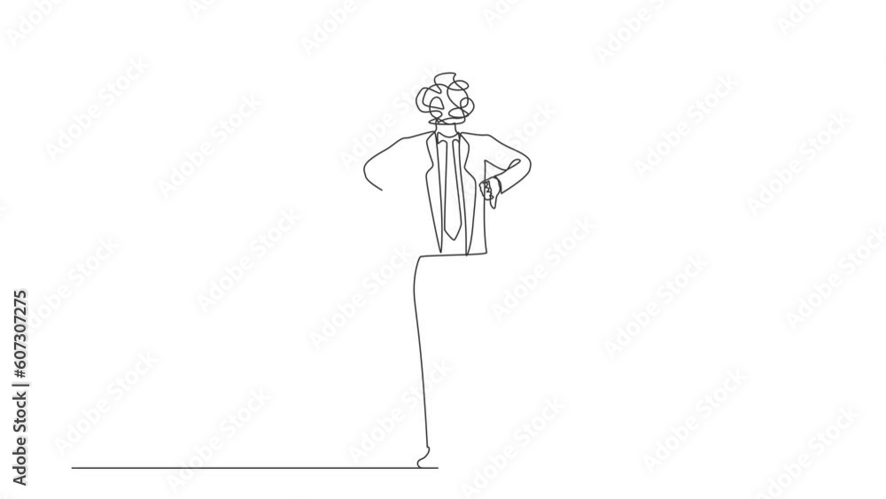 Aufkleber animated self drawing of continuous line draw businessman with round scribbles instead of head. male