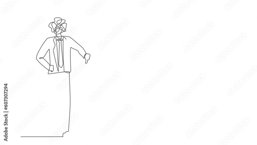 Poster animated self drawing of continuous line draw businessman with round scribbles instead of a head. ma