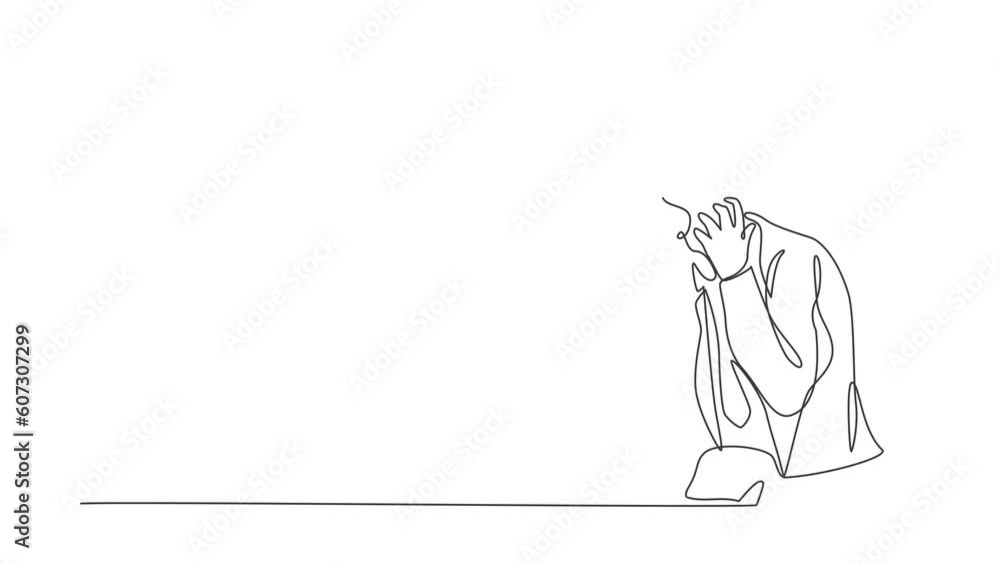 Poster animated self drawing of continuous line draw businessman with round scribbles instead of head. dist