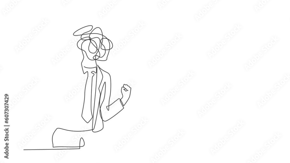 Poster self drawing animation of single line draw businessman with round scribbles instead of head. manager