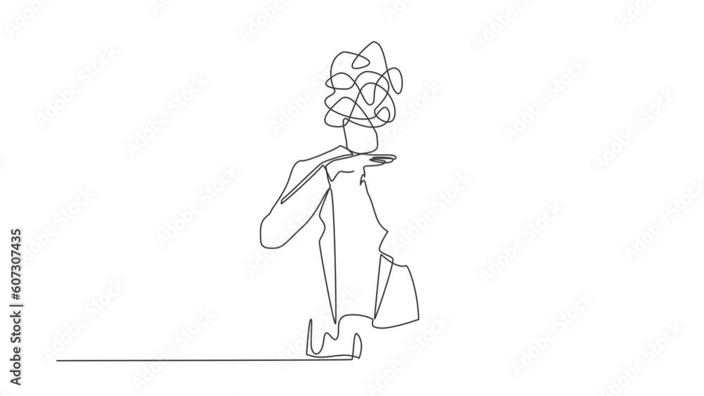 Poster animated self drawing of single continuous line draw businessman with round scribbles instead of hea