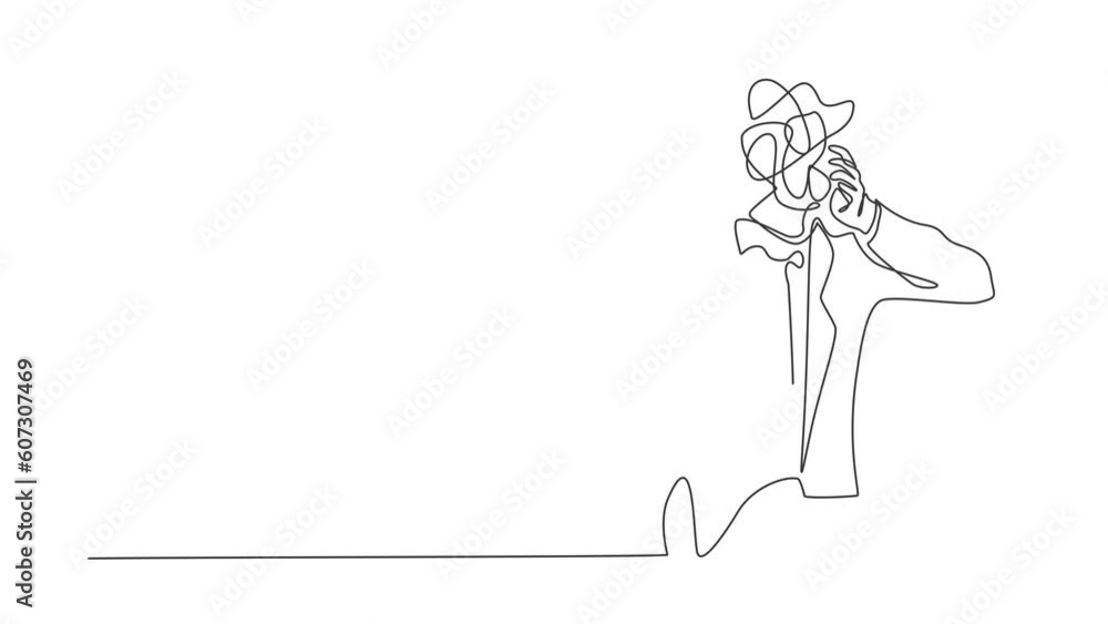 Poster animated self drawing of continuous line draw businessman with round scribbles instead of head. man 