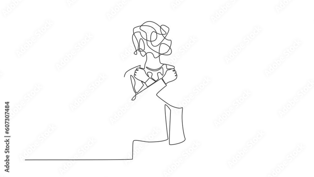 Poster self drawing animation of single one line draw businessman with round scribbles instead of head. man