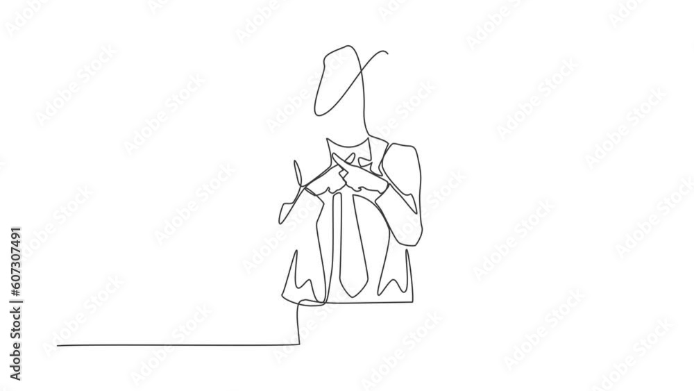Poster self drawing animation of single one line draw businessman with round scribbles instead of head. man