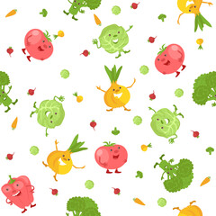 Vegetable seamless pattern. Happy cartoon characters. Cabbage and tomato with smiling faces. Funny onion and broccoli. Vegan products. Vegetarian eating. Cute print. Vector background