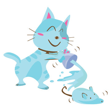 Vector illustration of a blue cat and a mouse teasing each other by playing in water on a white background.