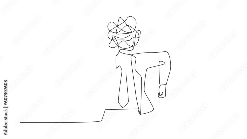Poster animated self drawing of single continuous line draw businessman with round scribbles instead of a h