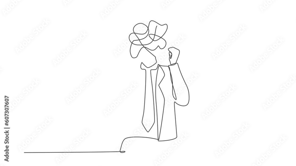 Poster self drawing animation of single line draw businessman with round scribbles instead of head. man rai