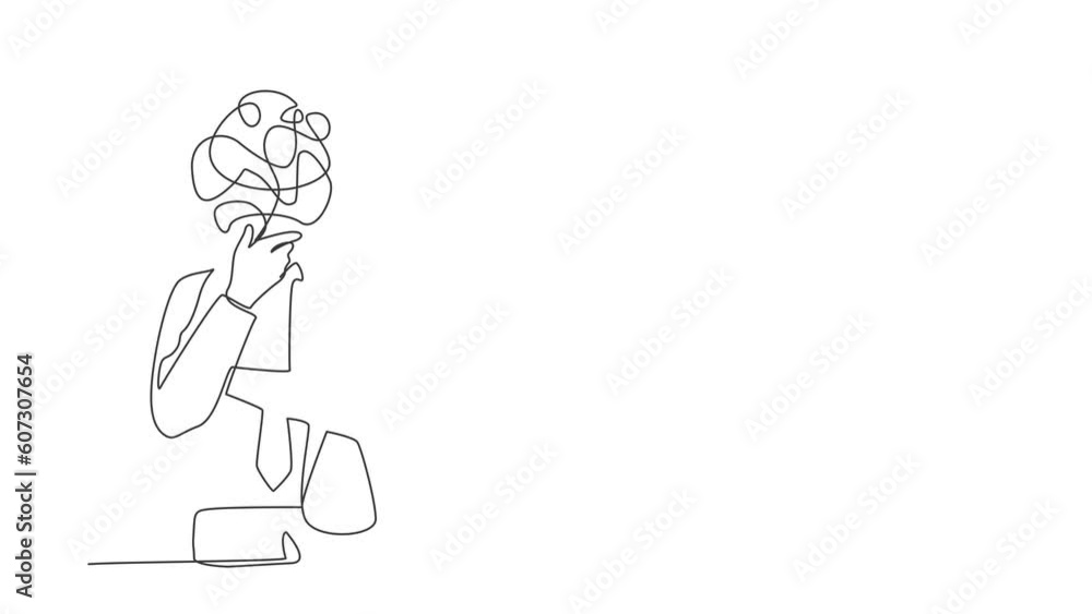 Poster animated self drawing of continuous line draw businessman with round scribbles instead of head. mana
