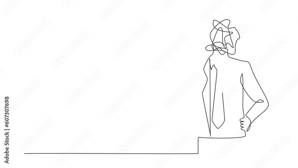Poster self drawing animation of single line draw businessman with round scribbles instead of head. doubtin