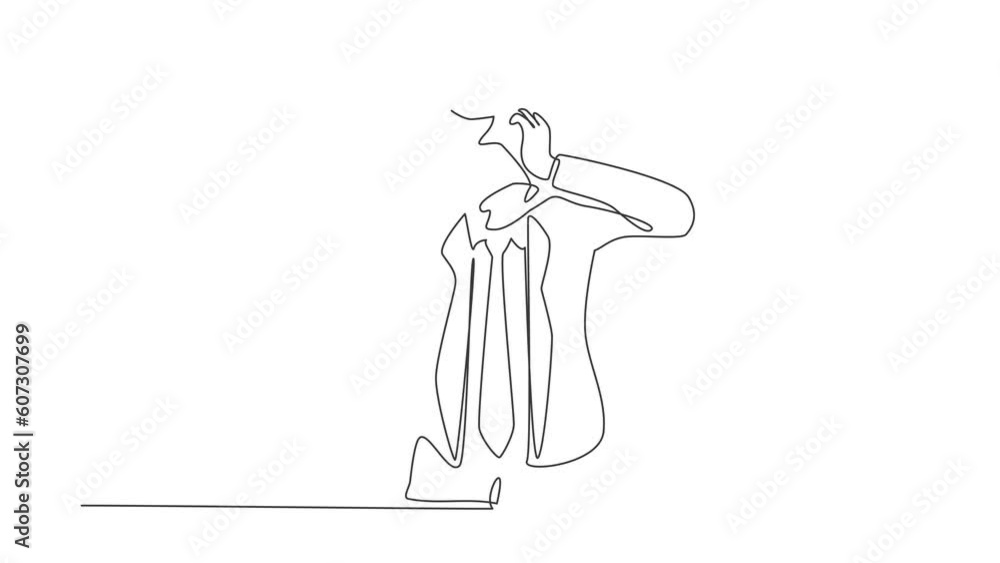 Poster self drawing animation of single line draw businessman with round scribbles instead of head. confusi