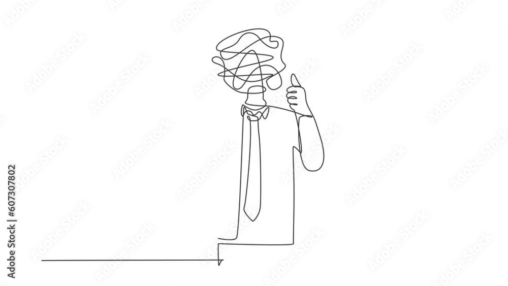 Poster self drawing animation of single line draw businessman with round scribbles instead of head. confuse