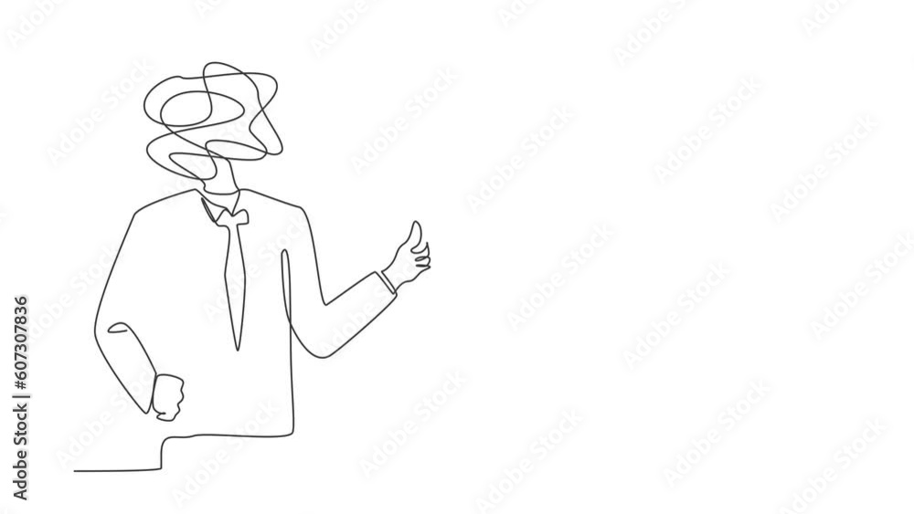 Poster animated self drawing of continuous line draw businessman with round scribbles instead of head. frus