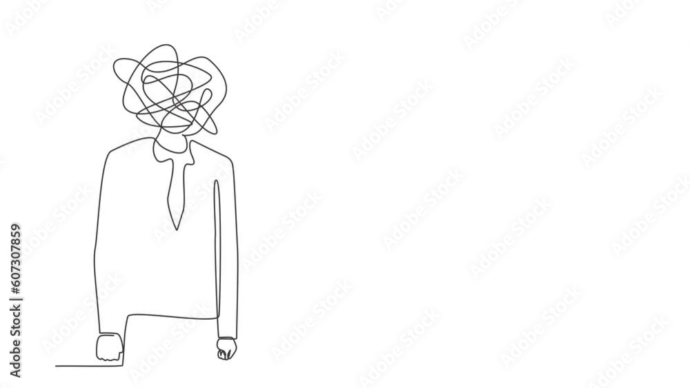 Poster animated self drawing of continuous line draw businessman with round scribbles instead of head. frus