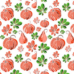 seamless pattern with hand drawn pumpkins and leaf