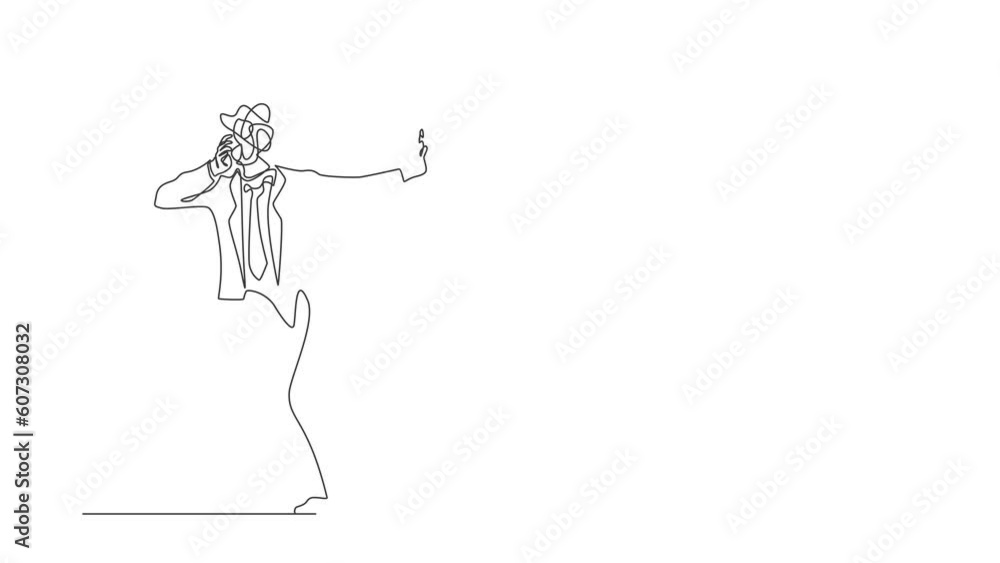 Poster self drawing animation of single line draw businessman with round scribbles instead of head. man sto