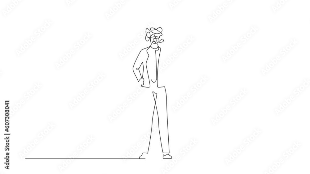Poster animated self drawing of single continuous line draw businessman with round scribbles instead of hea