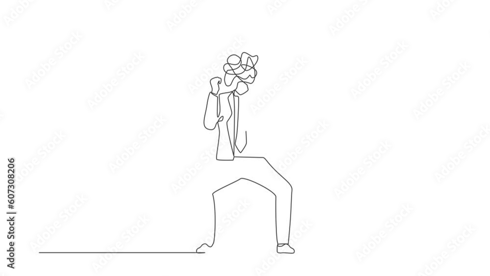 Poster self drawing animation of single line draw businessman with round scribbles instead of head. angry m