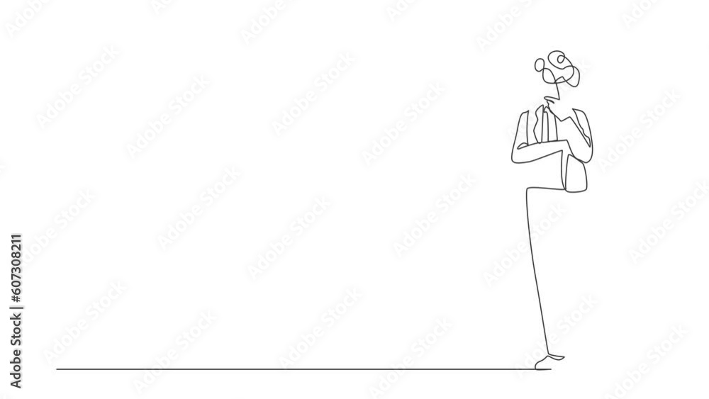 Poster animated self drawing of continuous line draw businessman with round scribbles instead of a head. ma