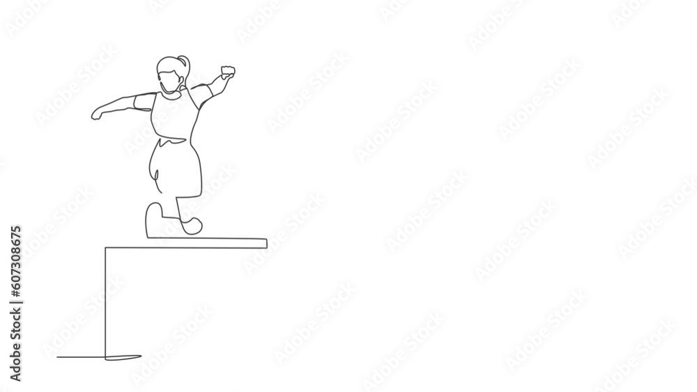 Poster animated self drawing of continuous line draw front view amputated female athlete jumping, running o