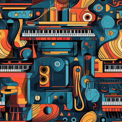 Musical instruments seamless repeat pattern - fantasy colorful cubism, abstract art, trippy psychedelic [Generative AI]
