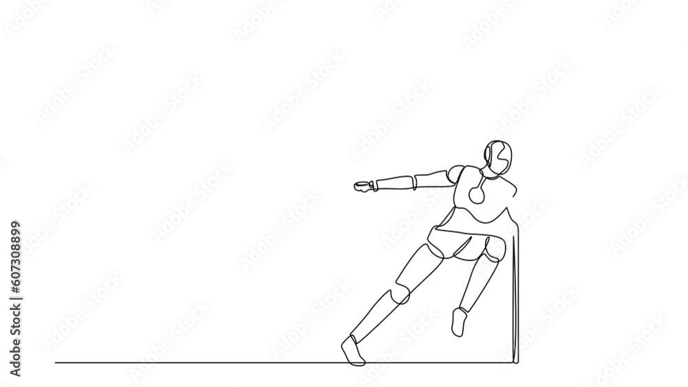 Poster animated self drawing of continuous line draw robots running wants to break down the door. modern ro