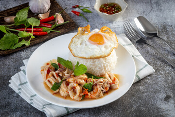 Fried Rice with Seafood and Basil on the table