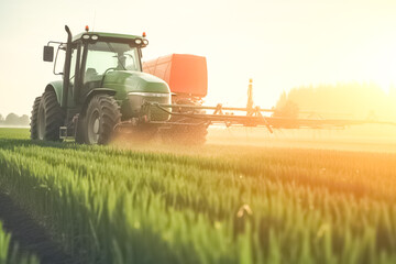 Obraz premium Tractor spraying pesticides field. Agriculture background concept. generative ai