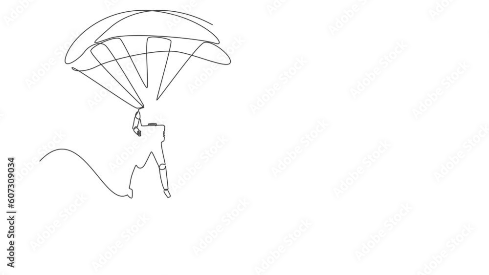 Poster self drawing animation of single line draw robots jump with parachute holding briefcase. humanoid ro