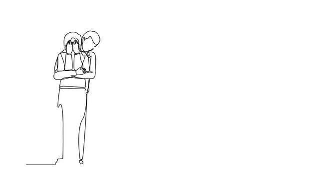 Animated self drawing of continuous line draw husband calming his crying woman wife, embracing her from her back. Helping her to cope with her sadness and depression. Full length one line animation