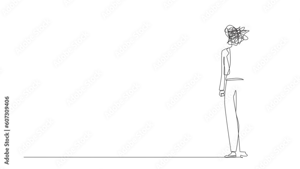 Poster animated self drawing of continuous line draw businesswoman with round scribbles instead of head. fr
