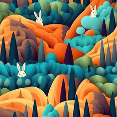 Obraz premium Cartoon bunnies seamless repeat pattern - fantasy colorful cubism, abstract art, trippy psychedelic [Generative AI] 