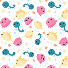 Summer cute seamless patterns with sea animals, colorful patterns, children's patterns with smiling animals,  seahorse, jellyfish, fish, starfish
