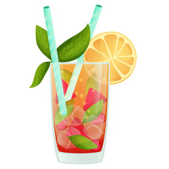 A refreshing summer cocktail decorated with fruit and mint leaves, straws and cocktail umbrellas, drinks reminiscent of of carefree summer vacations  