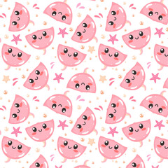 Summer cute seamless patterns with sea animals, colorful patterns, children's patterns with smiling animals  , smiling stingray, stingray