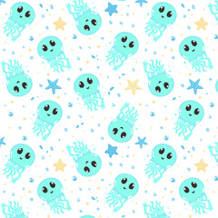 Summer cute seamless patterns with sea animals, colorful patterns, children's patterns with smiling animals  , jellyfish, starfish