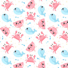 Summer cute seamless patterns with sea animals, colorful patterns, children's patterns with smiling animals  