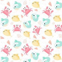 Summer cute seamless patterns with sea animals, colorful patterns, children's patterns with smiling animals  , crab, sea fish, sea shells