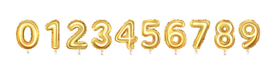 Set of gold balloon numbers set, isolated on white background.	