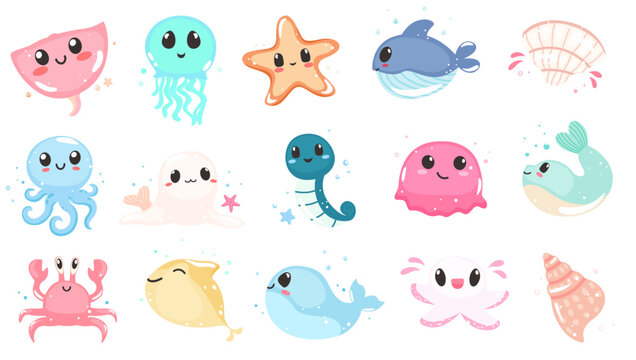 Cute cartoon sea animals with eyes, smiling sea animals, colorful illustrations 