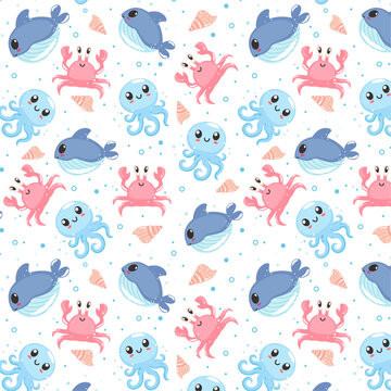 Summer cute seamless patterns with sea animals, colorful patterns, children's patterns with smiling animals  , octopus, crab, whale, sea shell