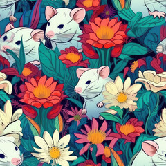 Cartoon white rats and flowers seamless repeat pattern - fantasy colorful cubism, abstract art, trippy psychedelic [Generative AI]
